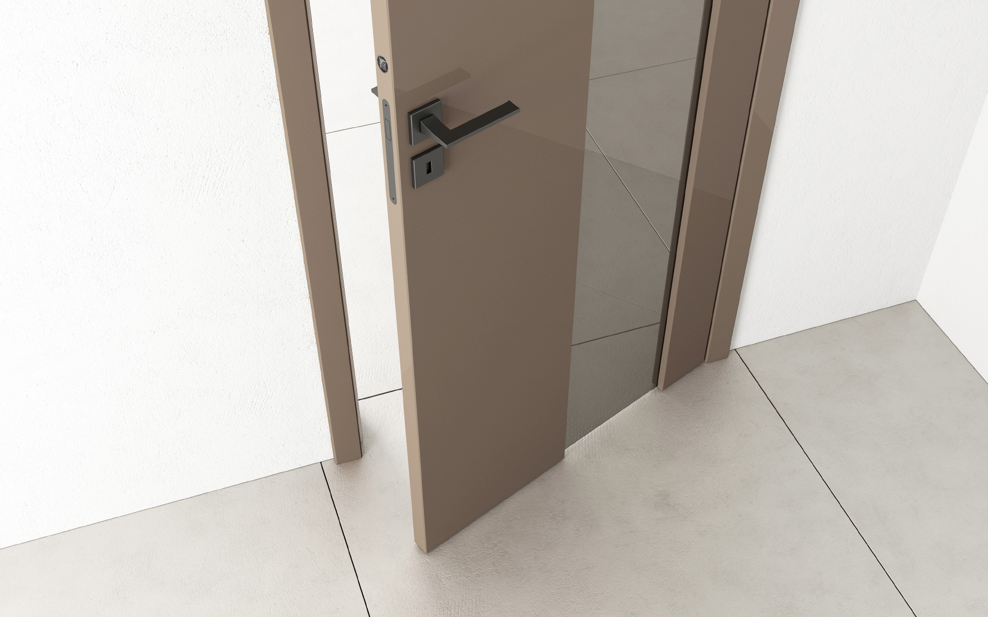 SPIRIT glazed door with a frameless fastening system for the glass panel.