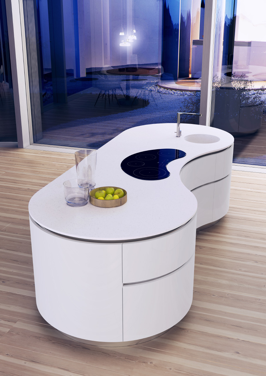 Design working island in organic round shapes in white gloss.